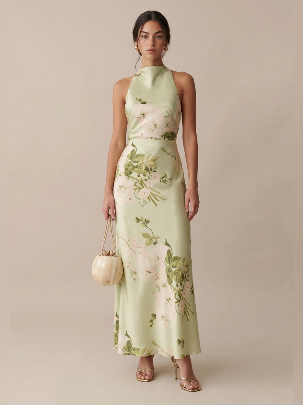 O.P.T Roslyn Silk Dress Halter Floral Satin Maxi Dress In Sage Green Size M — image 3 of 8